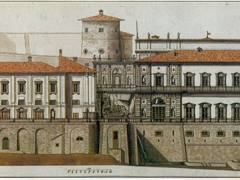 Prospetto principale del palazzo Chigi Albani e fonte Papacqua