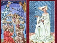 Il matto, l’eremita, fante di danari, il mondo, la giustizia, cavallo di spade